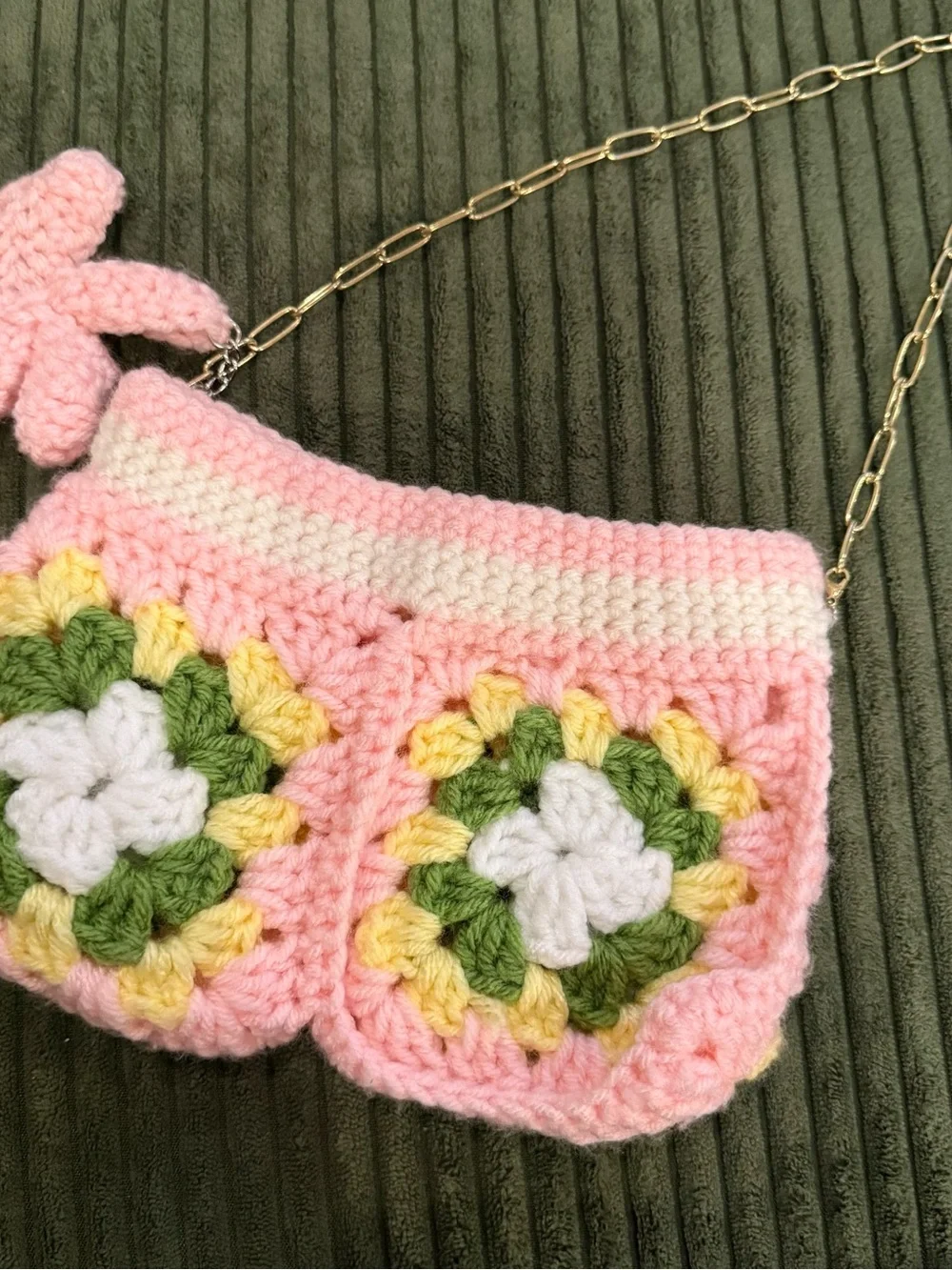 Handmade Crocheted Granny Square Purse Pink Green Gold Chain with Flower Charm